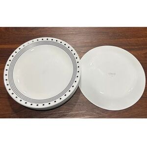 Corelle CITY BLOCK, 15 Dinner Plates White Black Rings & Squares 10-1/4"